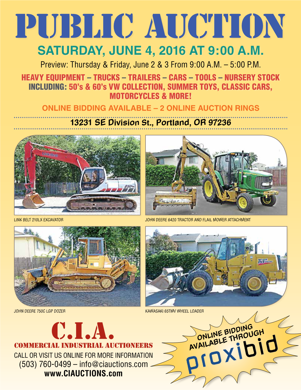 Public Auction Saturday, June 4, 2016 at 9:00 A.M