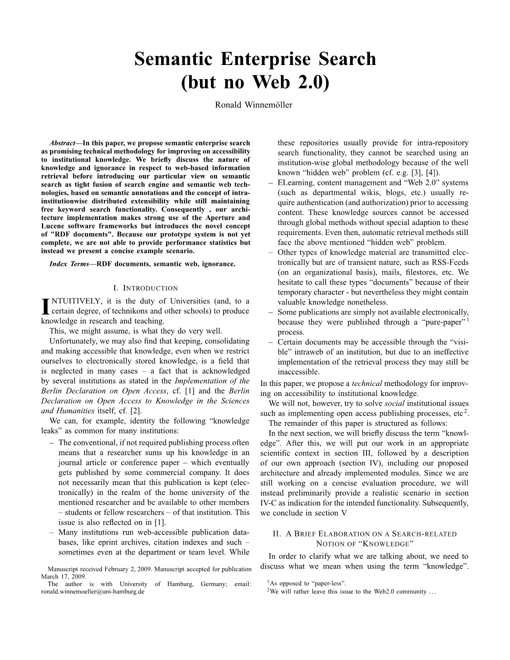 Semantic Enterprise Search (But No Web 2.0) Ronald Winnemöller