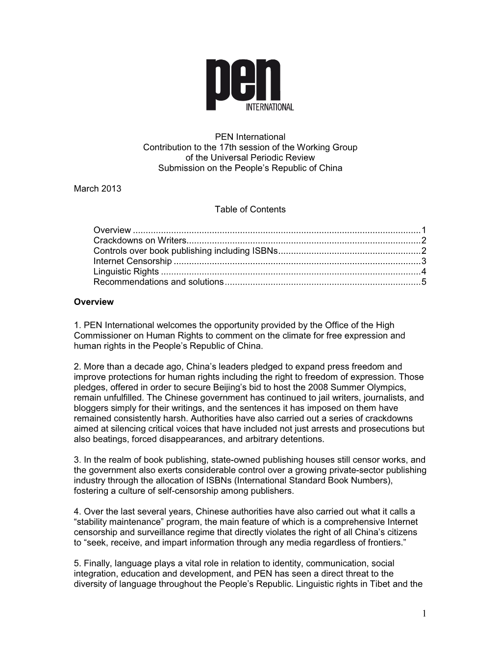 PEN International Contribution to the 17Th Session of the Working Group of the Universal Periodic Review Submission on the People’S Republic of China