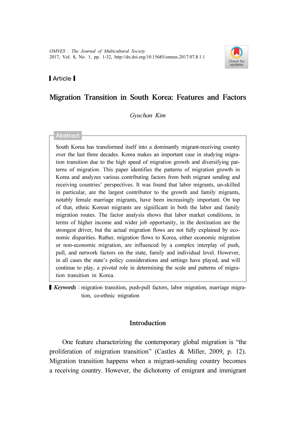 Migration Transition in South Korea: Features and Factors