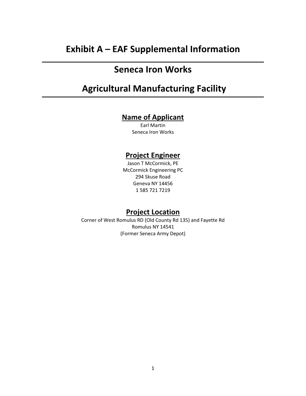 EAF Supplemental Information Seneca Iron Works Agricultural