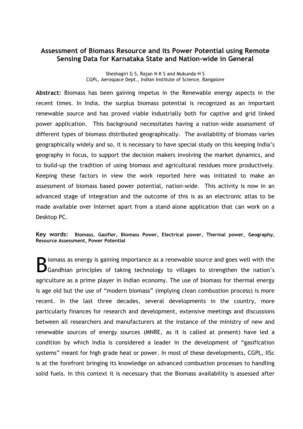 Assessment of Biomass Resource and Its Power Potential Using Remote Sensing Data for Karnataka State and Nation-Wide in General