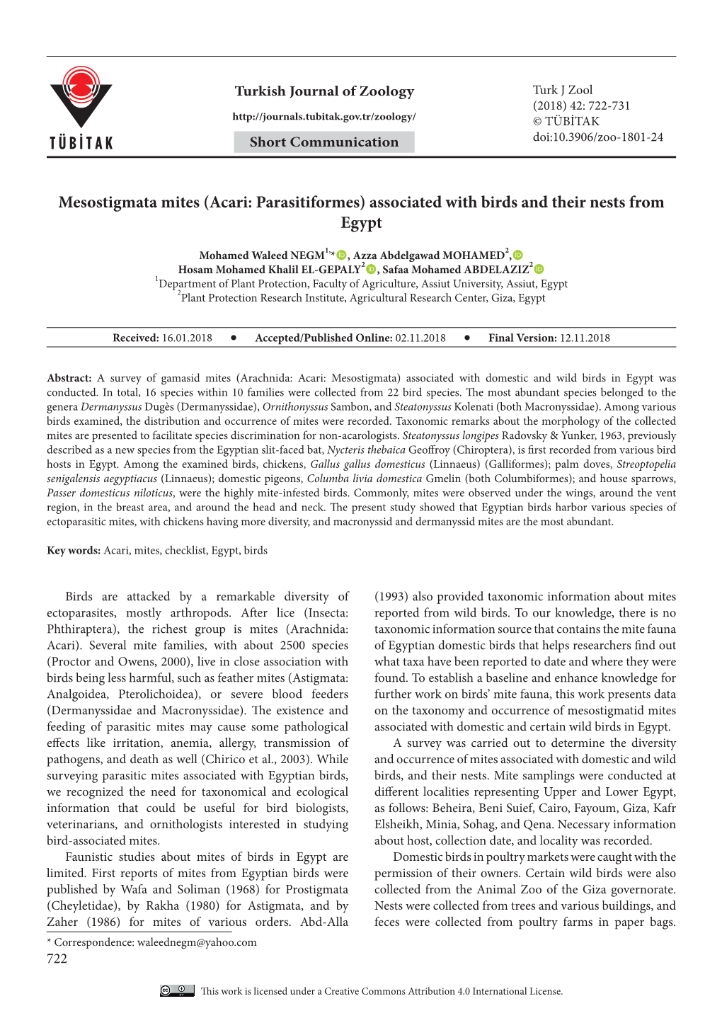 Mesostigmata Mites (Acari: Parasitiformes) Associated with Birds and Their Nests from Egypt