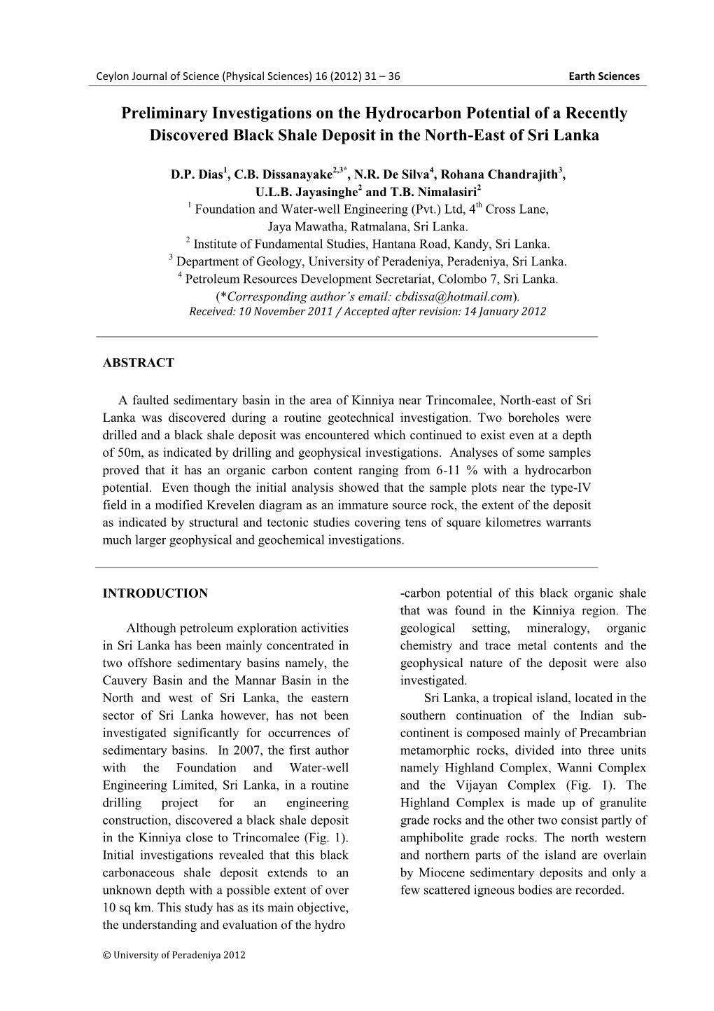 Ceylon Journal of Science (Physical Sciences) 16 (2012) 31 – 36 Earth Sciences