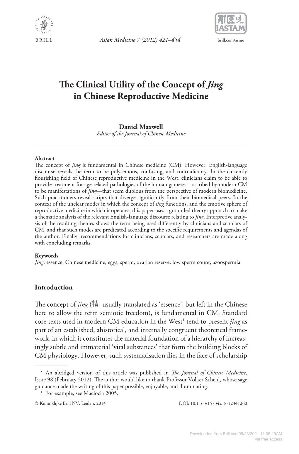 The Clinical Utility of the Concept of Jing in Chinese Reproductive Medicine