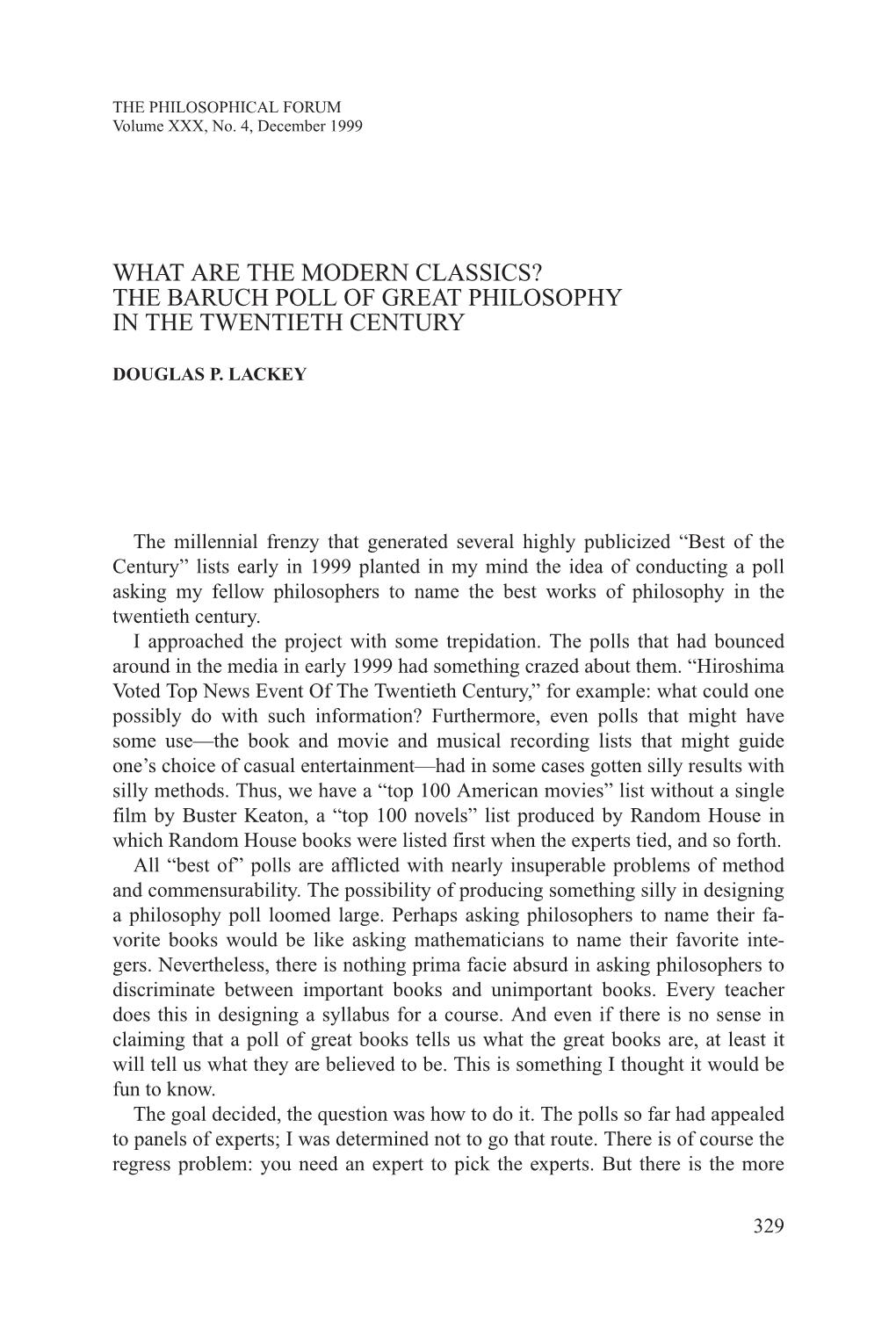 What Are the Modern Classics? the Baruch Poll of Great Philosophy in the Twentieth Century