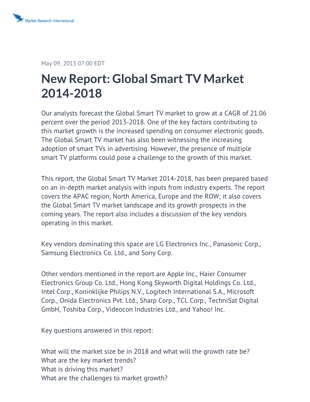 New Report: Global Smart TV Market 2014-2018