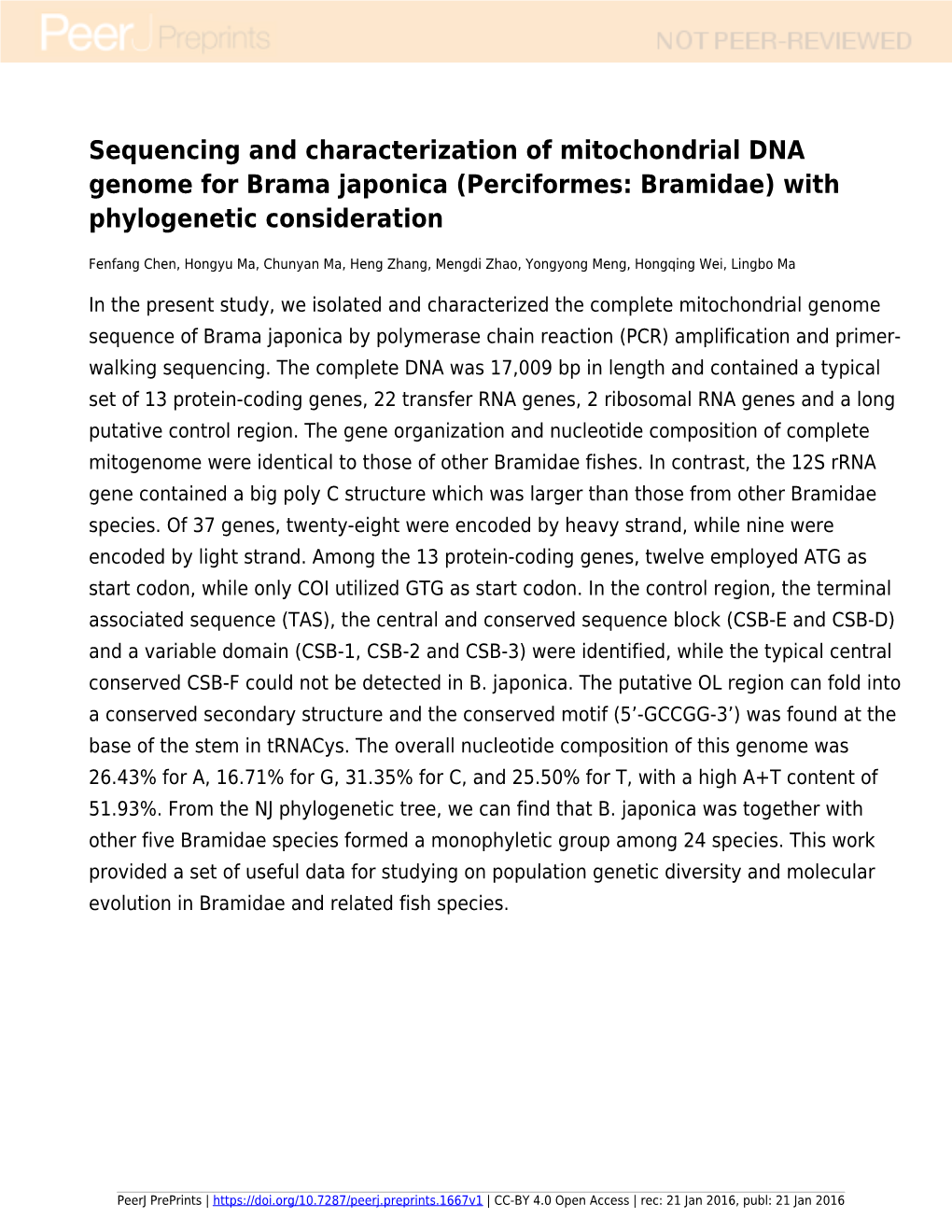 Sequencing and Characterization of Mitochondrial DNA Genome for Brama Japonica (Perciformes: Bramidae) with Phylogenetic Consideration