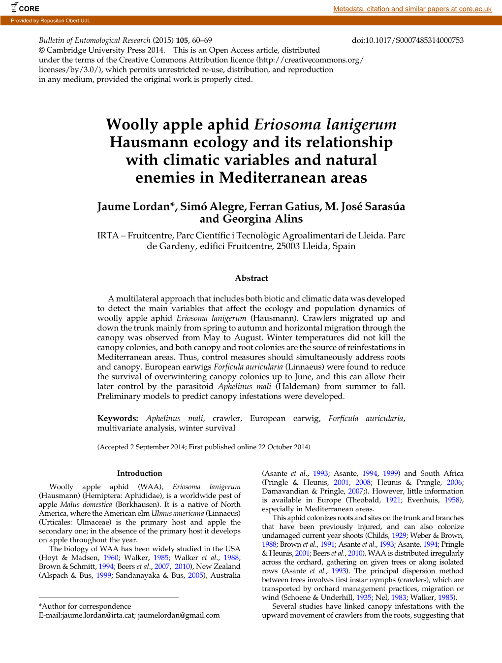 Woolly Apple Aphid Eriosoma Lanigerum Hausmann Ecology and Its Relationship with Climatic Variables and Natural Enemies in Mediterranean Areas