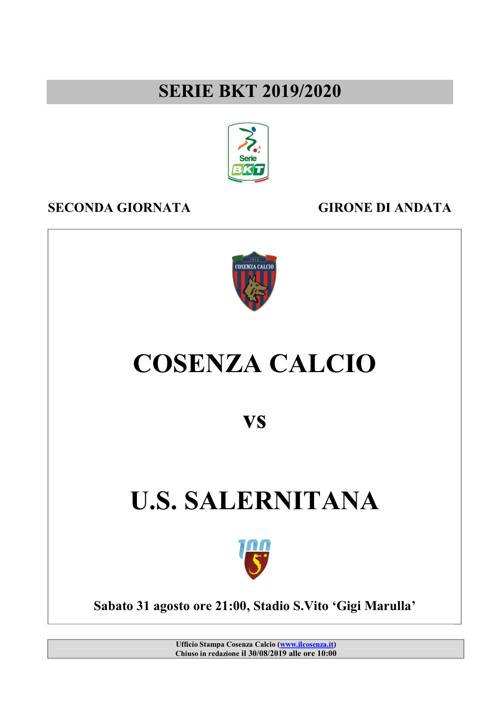 COSENZA CALCIO Vs U.S. SALERNITANA