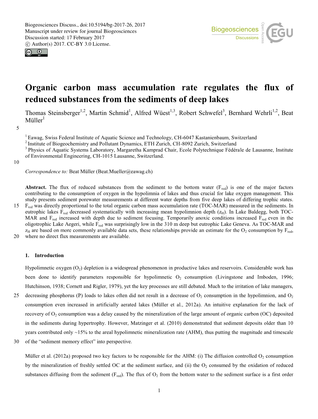 Organic Carbon Mass Accumulation Rate Regulates the Flux of Reduced Substances from the Sediments of Deep Lakes