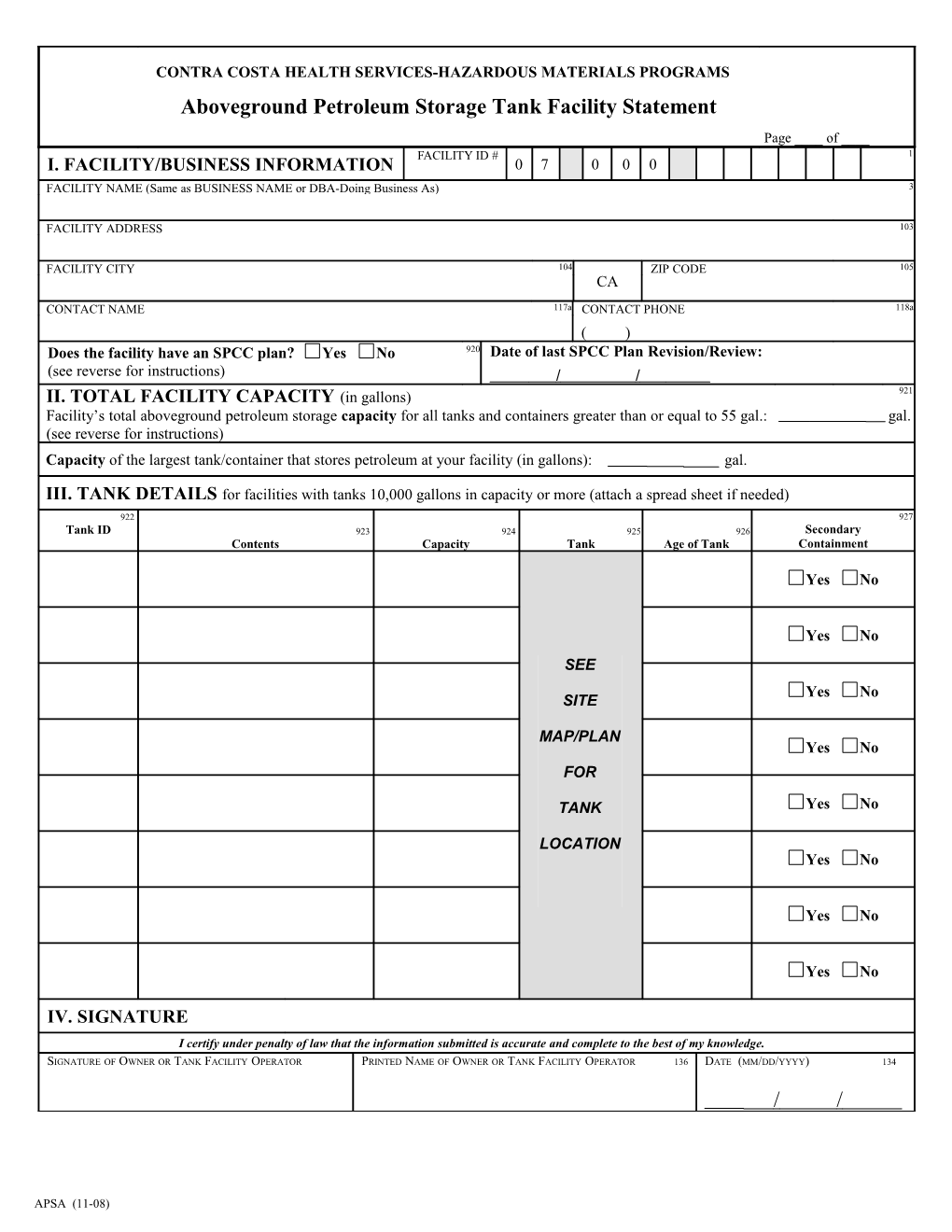 Aboveground Petroleum Storage Tank Facility Statement