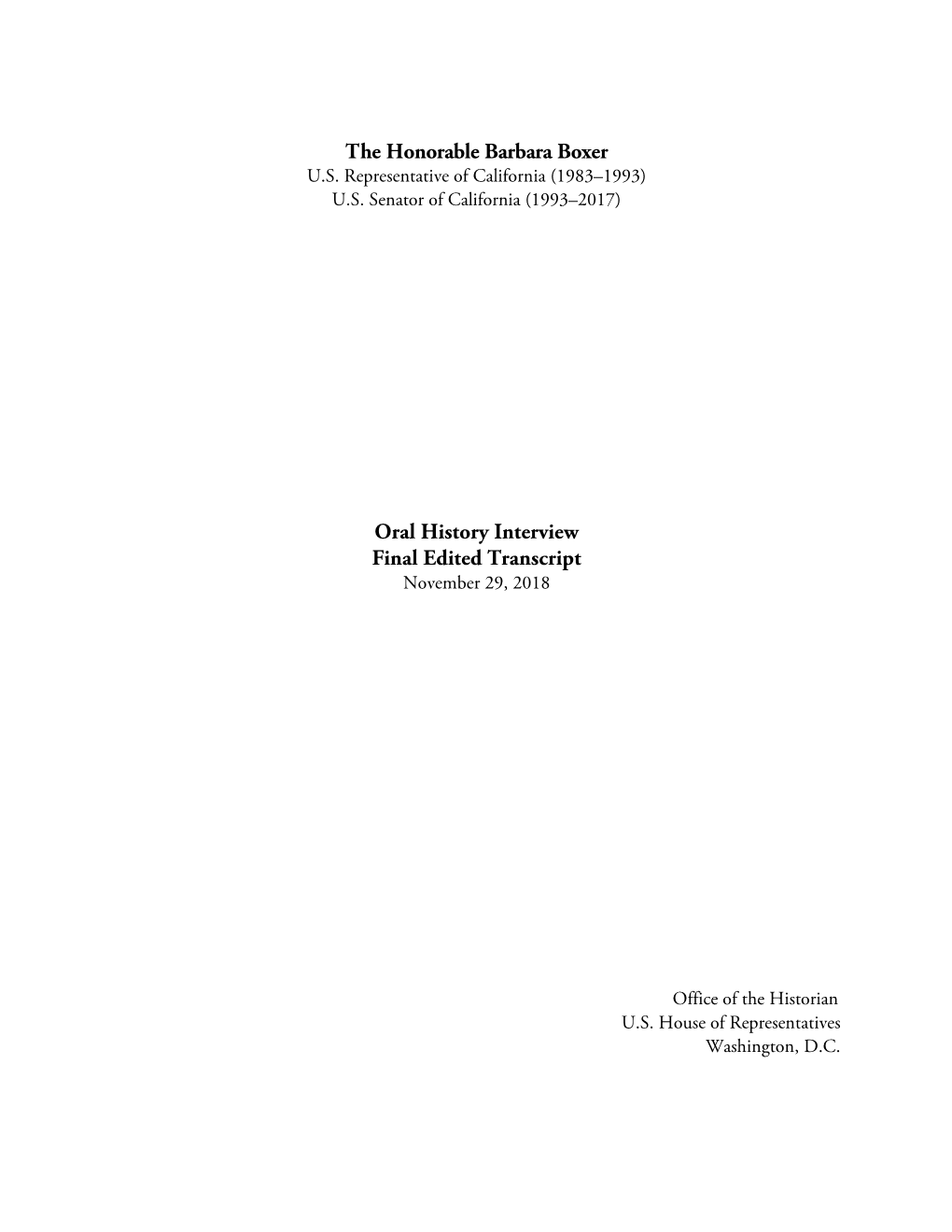 The Honorable Barbara Boxer Oral History Interview Final Edited