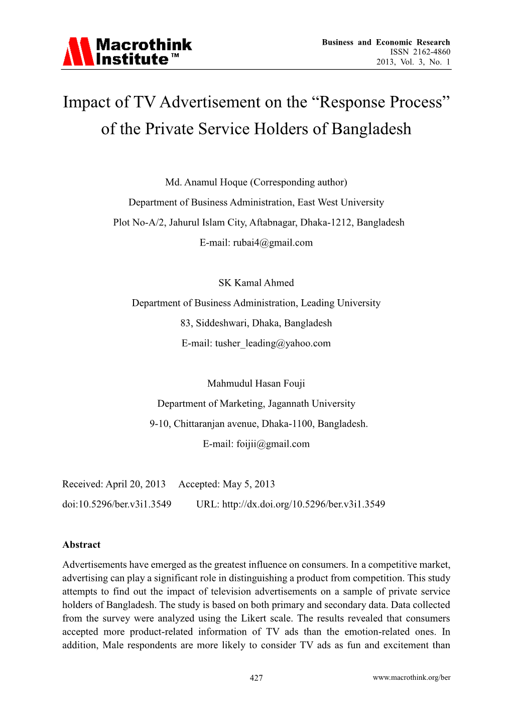 Impact of TV Advertisement on the “Response Process” of the Private Service Holders of Bangladesh