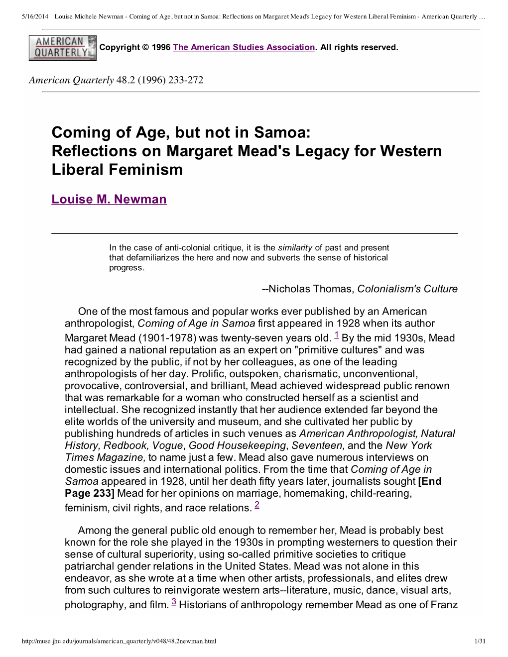 Reflections on Margaret Mead's Legacy for Western Liberal Feminism - American Quarterly …