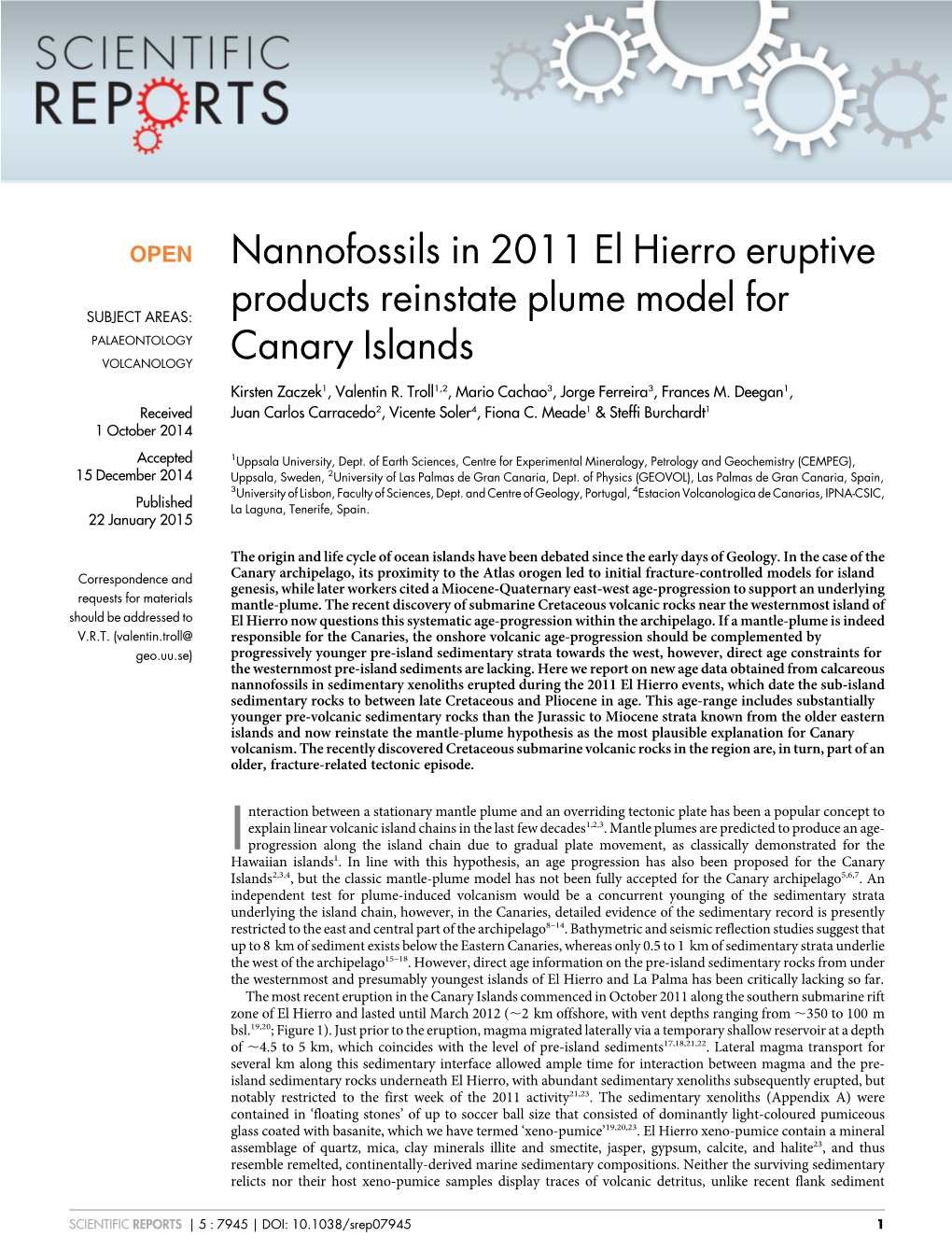 Nannofossils in 2011 El Hierro Eruptive Products Reinstate Plume