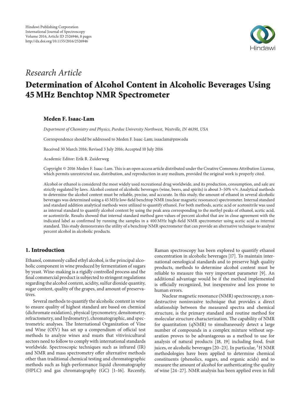 Research Article Determination of Alcohol Content in Alcoholic Beverages Using 45 Mhz Benchtop NMR Spectrometer