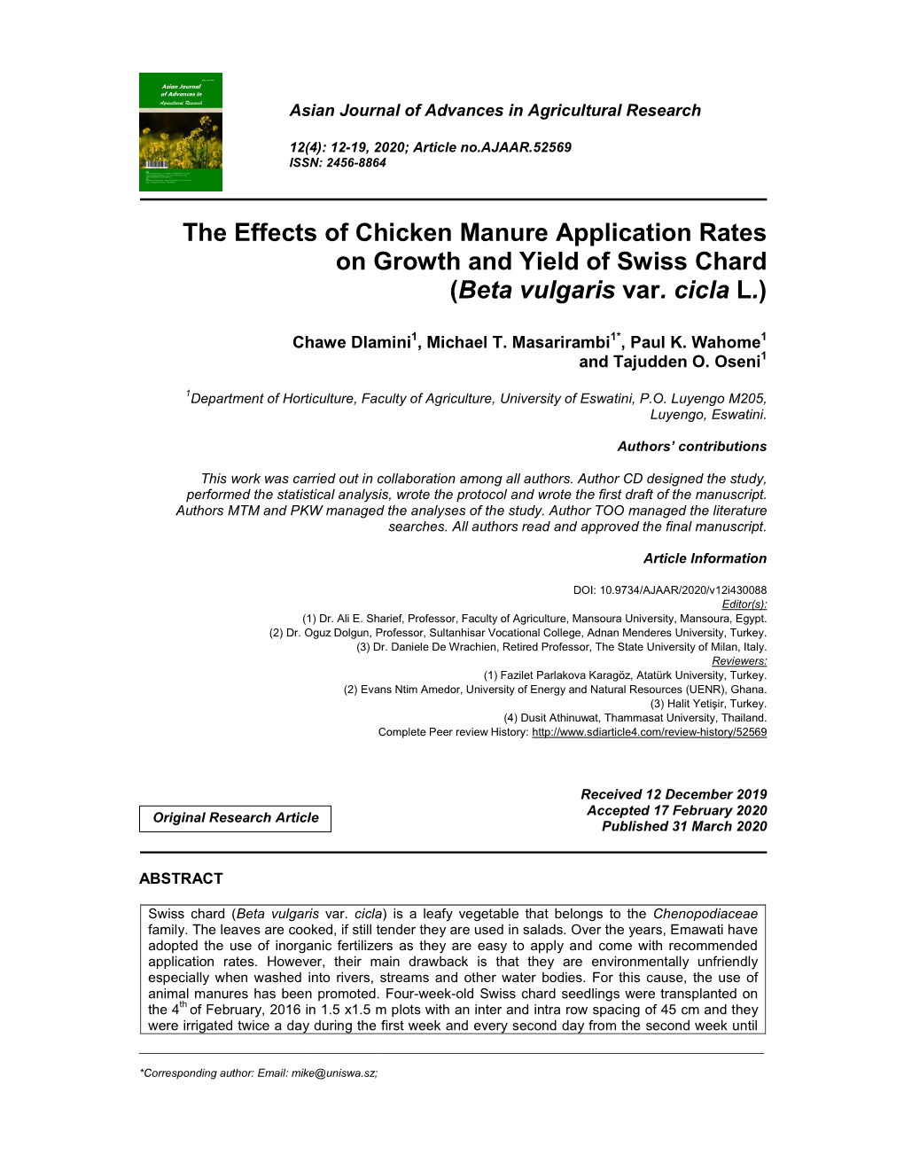 The Effects of Chicken Manure Application Rates on Growth and Yield of Swiss Chard (Beta Vulgaris Var