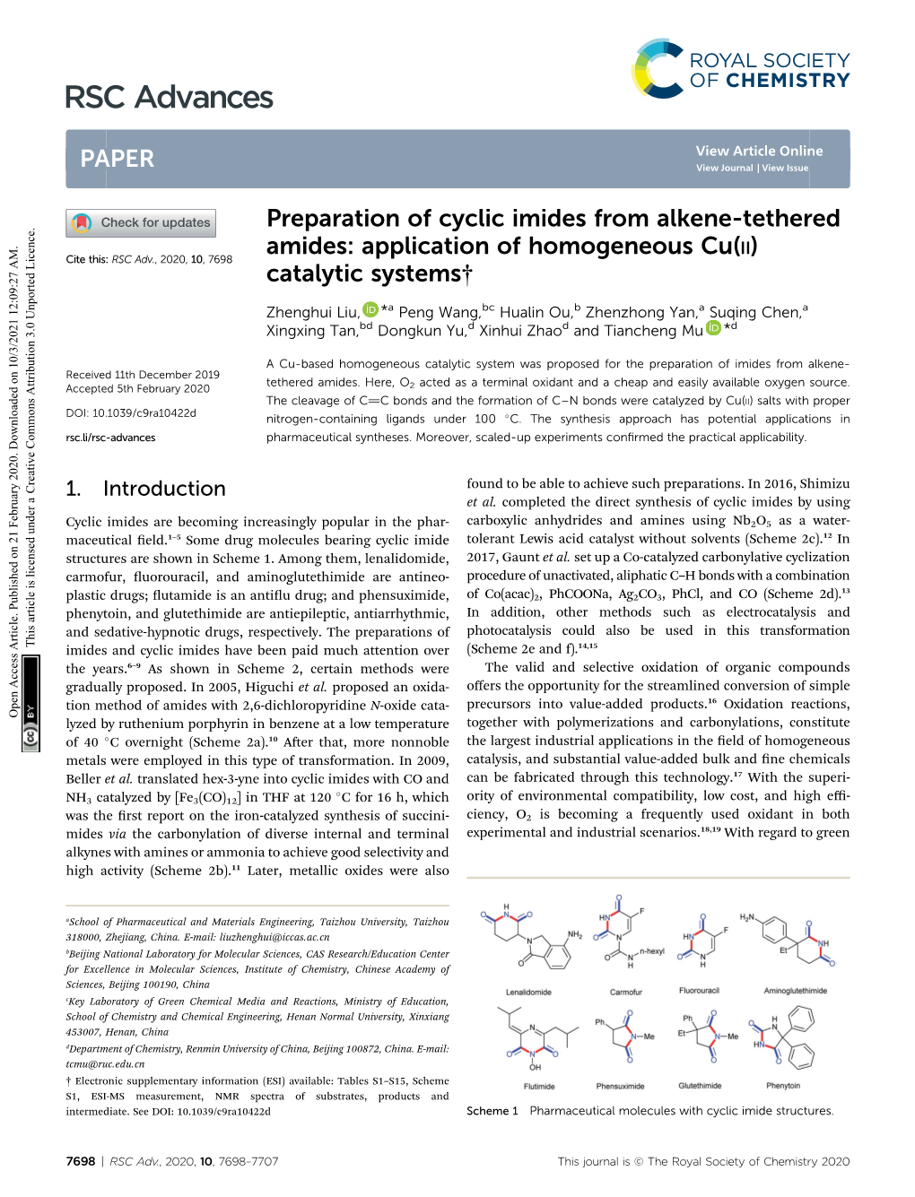 Preparation of Cyclic Imides from Alkene-Tethered Amides: Application of Homogeneous Cu(II) Cite This: RSC Adv., 2020, 10, 7698 Catalytic Systems†