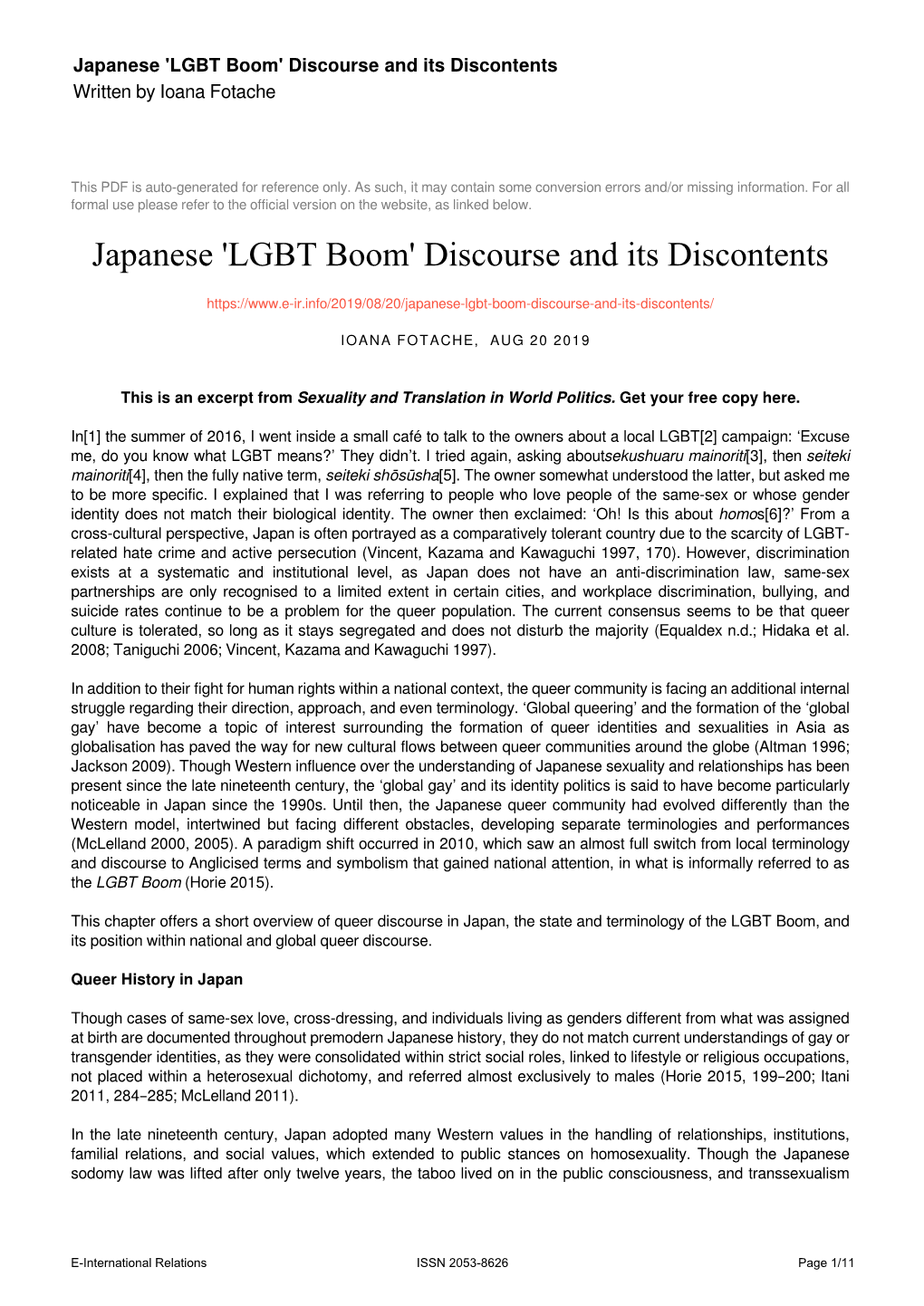 Japanese 'LGBT Boom' Discourse and Its Discontents Written by Ioana Fotache