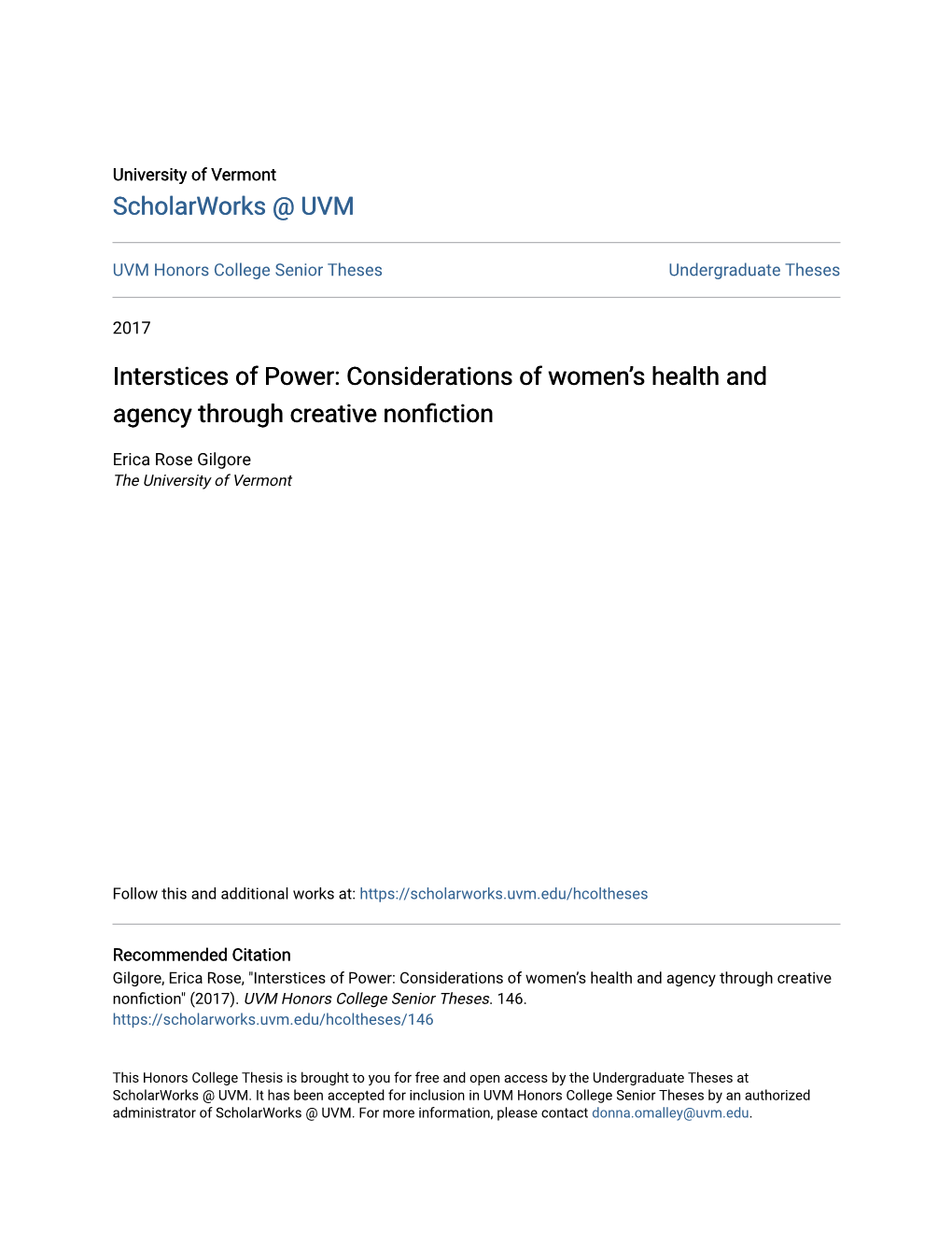 Considerations of Women's Health and Agency Through Creative Nonfiction