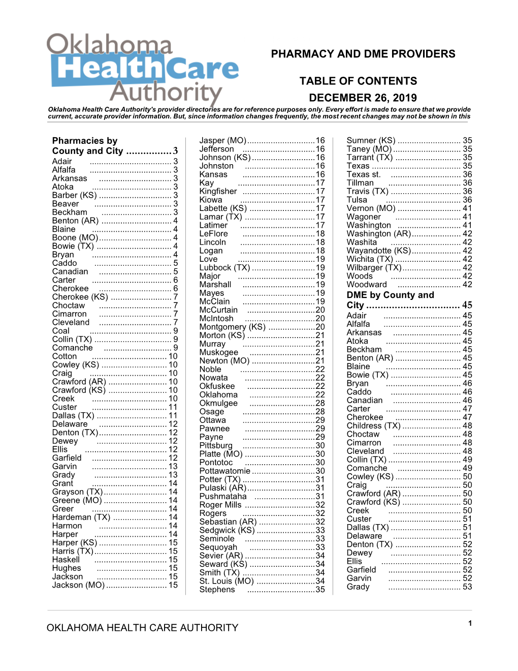 December 26, 2019 Table of Contents Pharmacy and Dme Providers