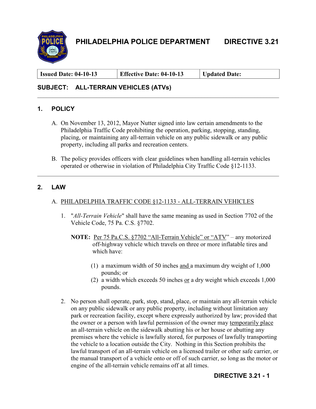 Philadelphia Police Department Directive 3.21