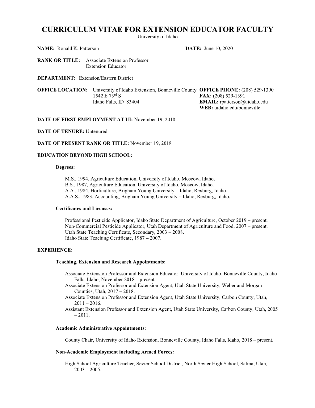 CURRICULUM VITAE for EXTENSION EDUCATOR FACULTY University of Idaho