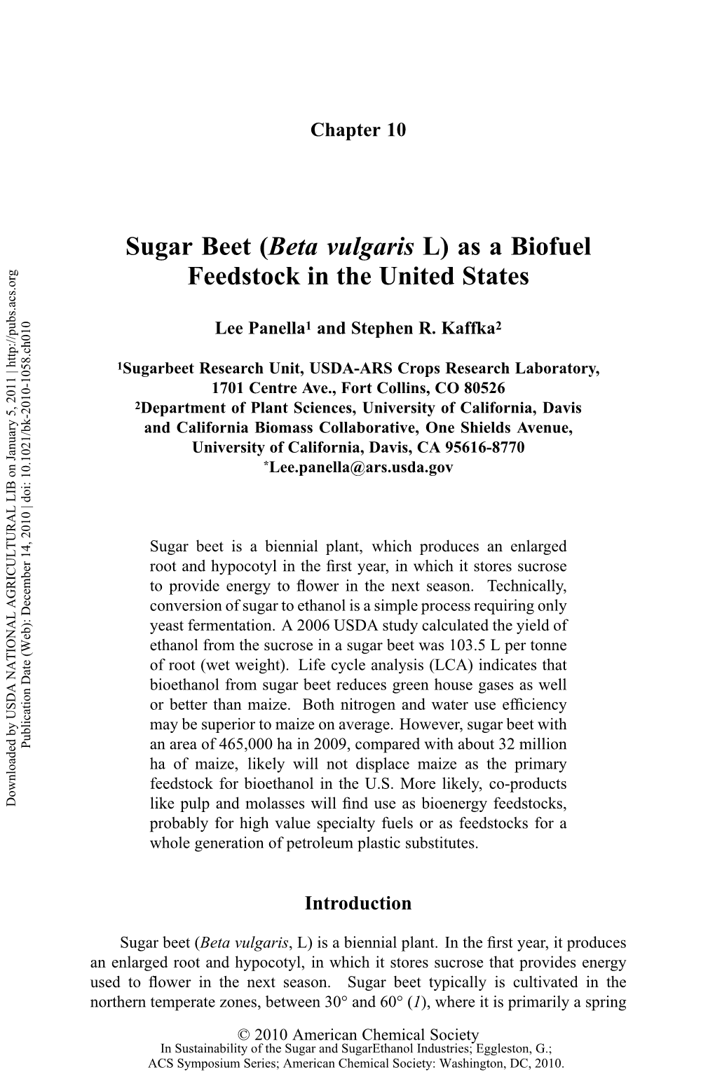 Sugar Beet (Beta Vulgaris L) As a Biofuel Feedstock in the United States