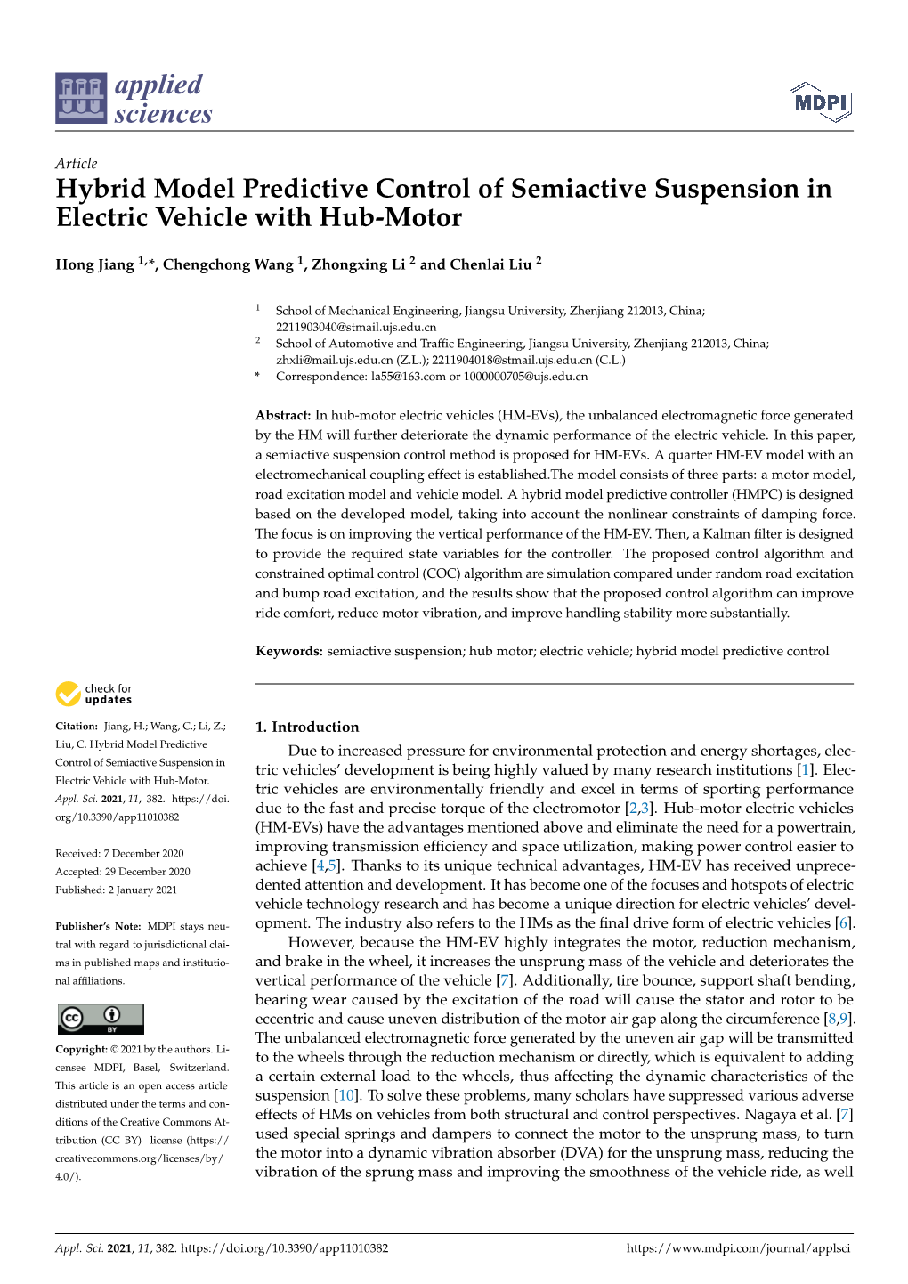 Hybrid Model Predictive Control of Semiactive Suspension in Electric Vehicle with Hub-Motor