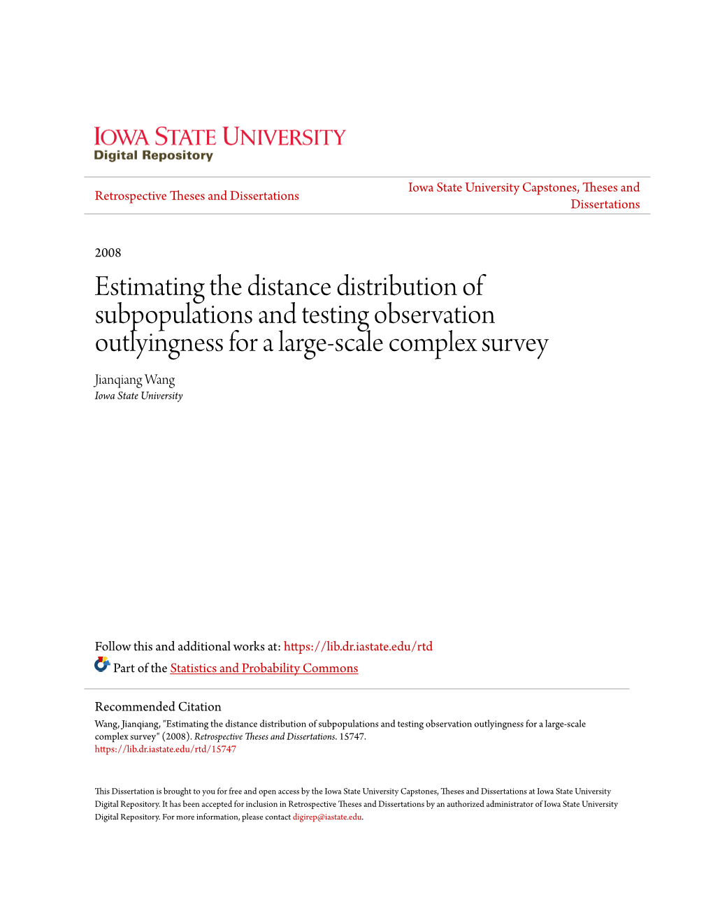 Estimating the Distance Distribution of Subpopulations and Testing Observation Outlyingness for a Large-Scale Complex Survey Jianqiang Wang Iowa State University