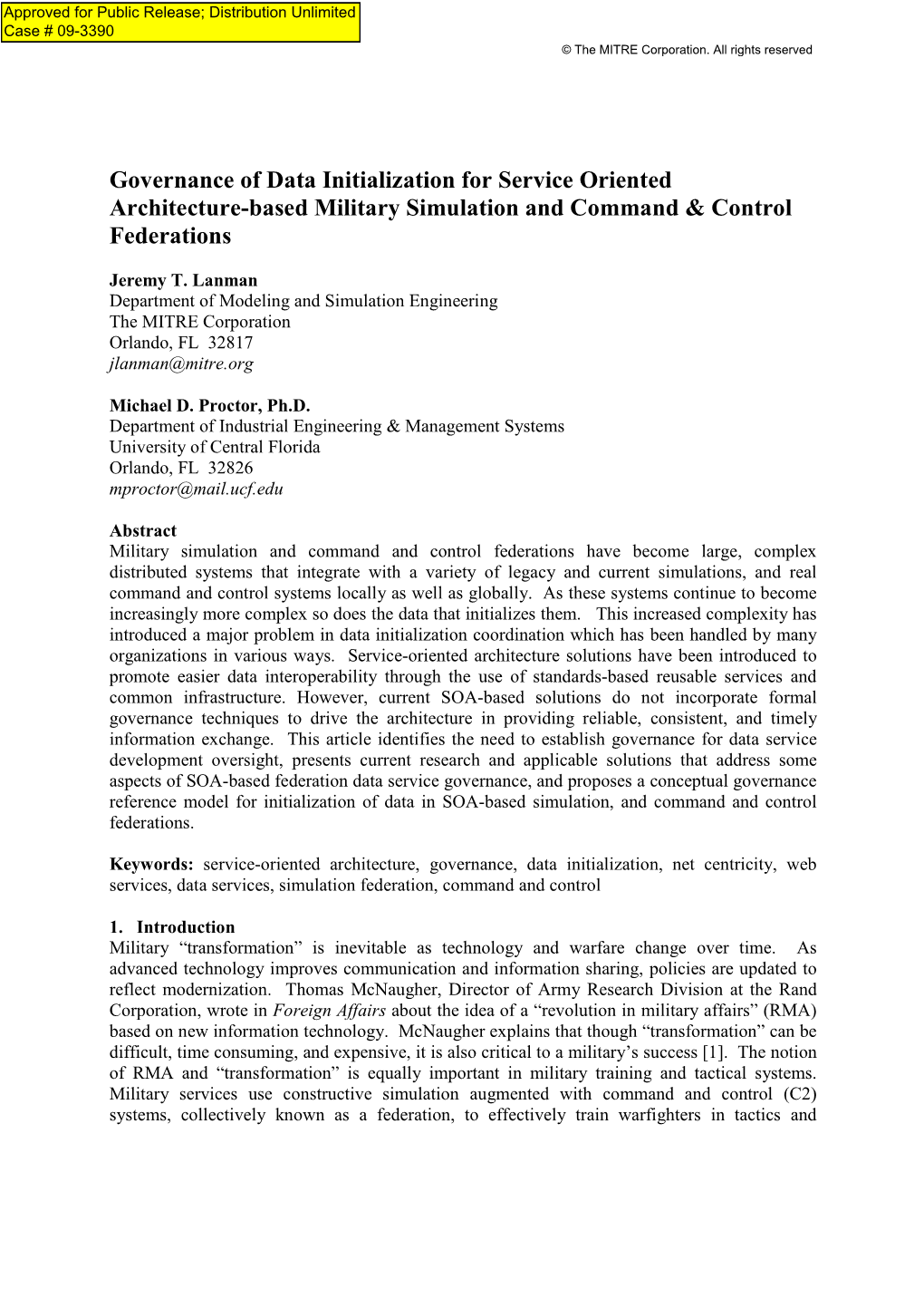 Governance of Data Initialization for Service Oriented Architecture-Based Military Simulation and Command & Control Federations