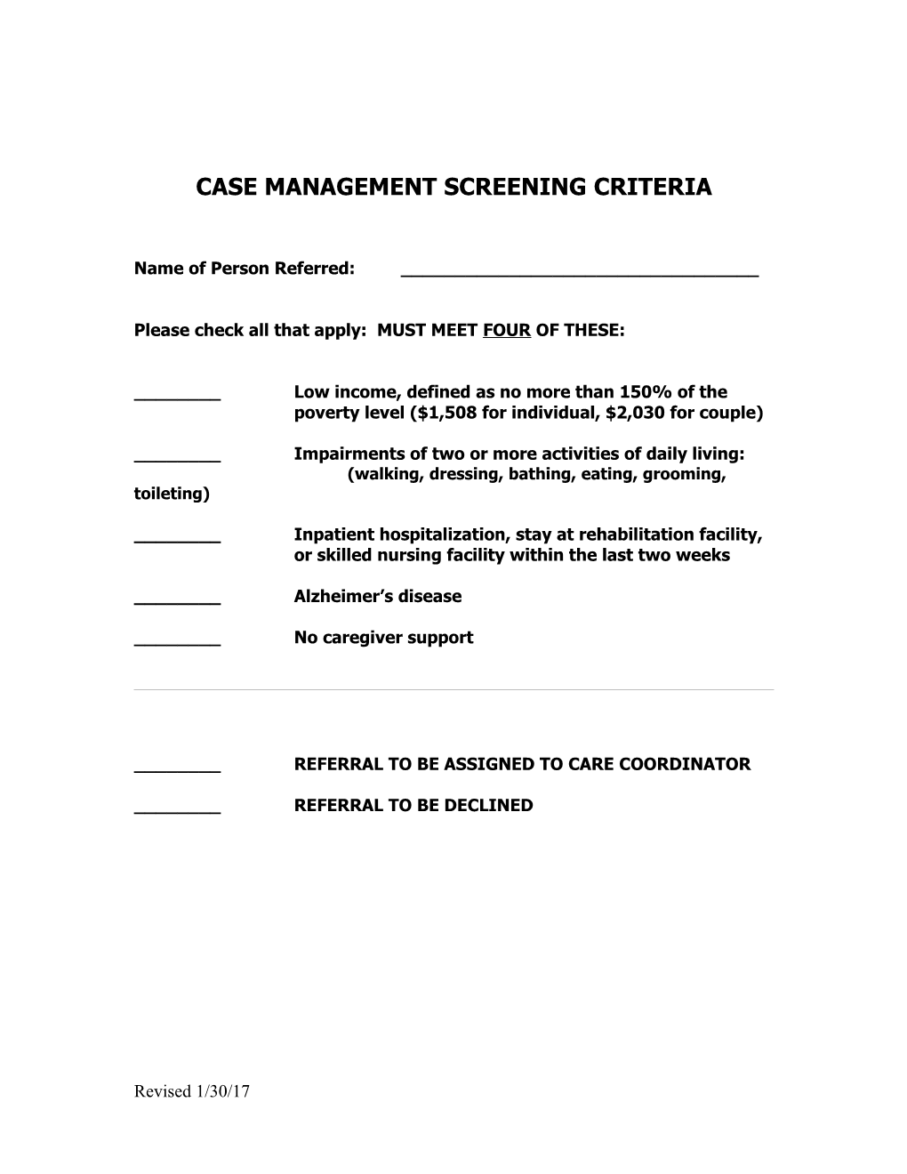 Case Management Screening Criteria