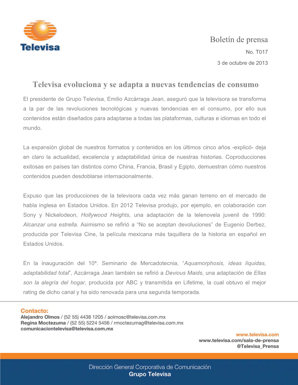 Televisa Evoluciona Y Se Adapta a Nuevas Tendencias De Consumo Boletín De Prensa
