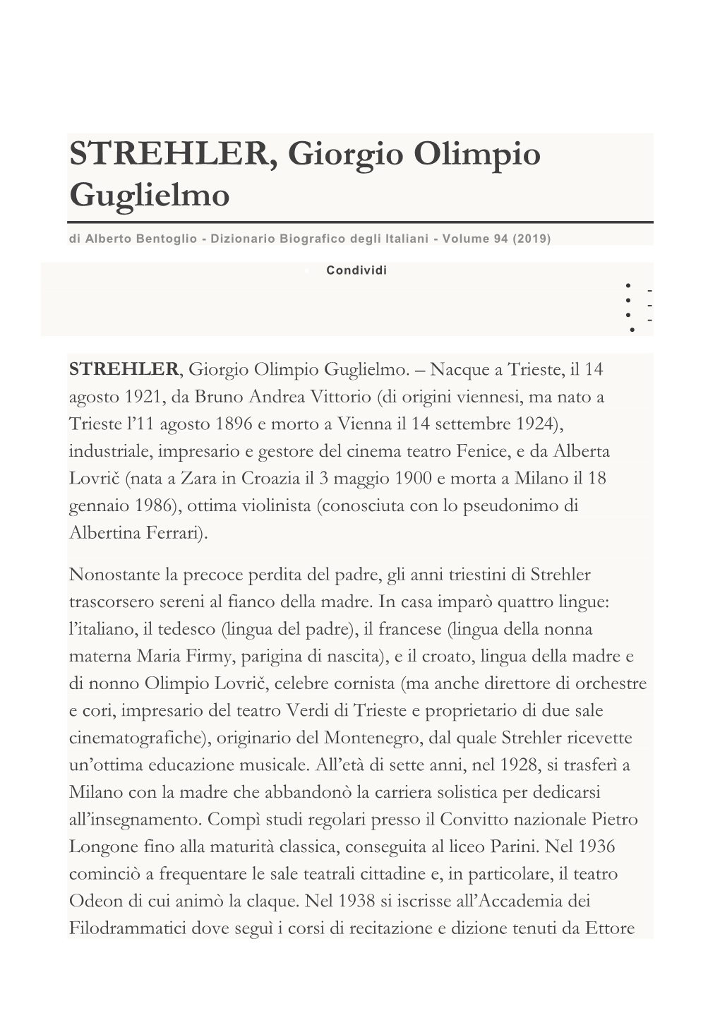 STREHLER, Giorgio Olimpio Guglielmo Di Alberto Bentoglio - Dizionario Biografico Degli Italiani - Volume 94 (2019)