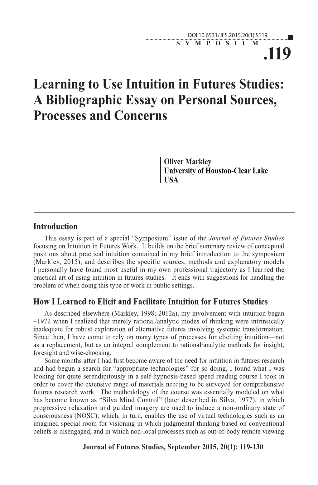 Learning to Use Intuition in Futures Studies: a Bibliographic Essay on Personal Sources, Processes and Concerns