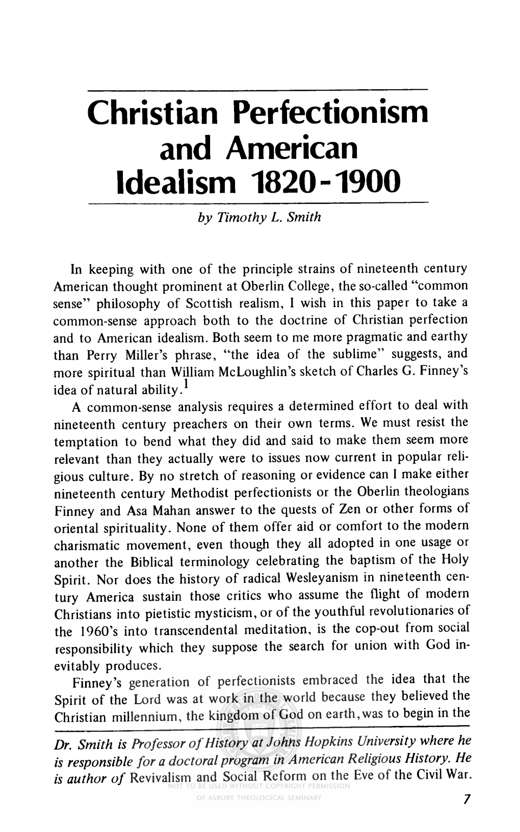 Christian Perfectionism and American Idealism 1820-1900