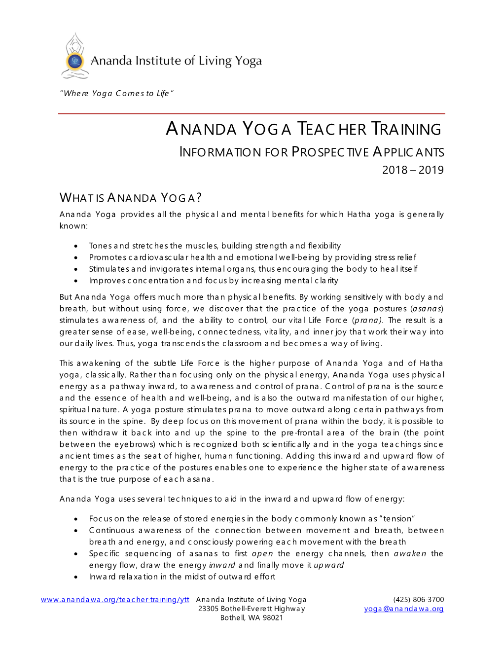 Ananda Yoga Teacher Training Information for Prospective Applicants 2018 – 2019