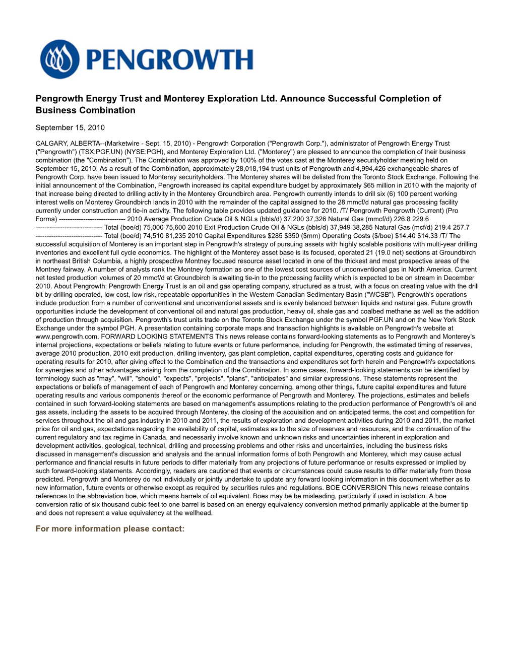 Pengrowth Energy Trust and Monterey Exploration Ltd. Announce Successful Completion of Business Combination