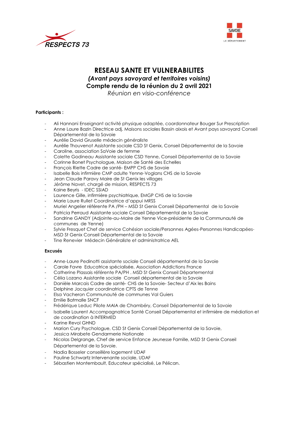 RESEAU SANTE ET VULNERABILITES (Avant Pays Savoyard Et Territoires Voisins) Compte Rendu De La Réunion Du 2 Avril 2021 Réunion En Visio-Conférence