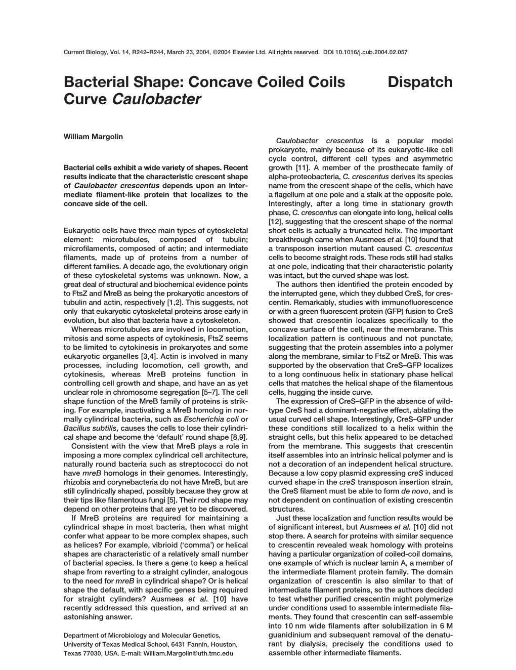 Bacterial Shape: Concave Coiled Coils Dispatch Curve Caulobacter