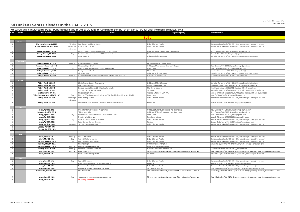 Sri Lankan Events Calendar in The