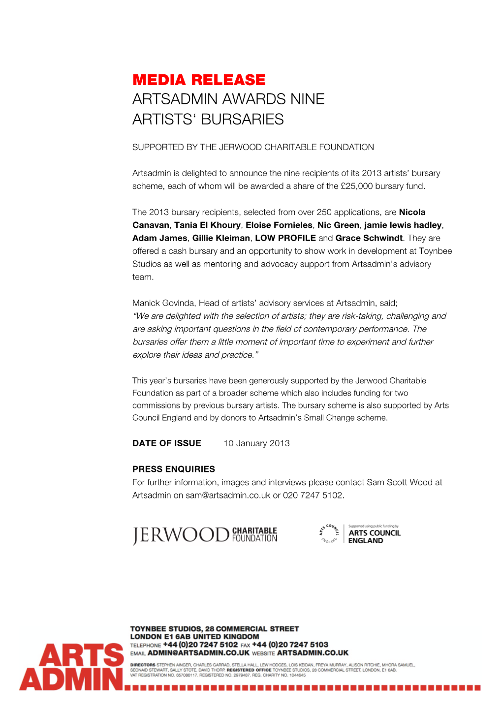 Artsadmin Awards Nine Artists' Bursaries