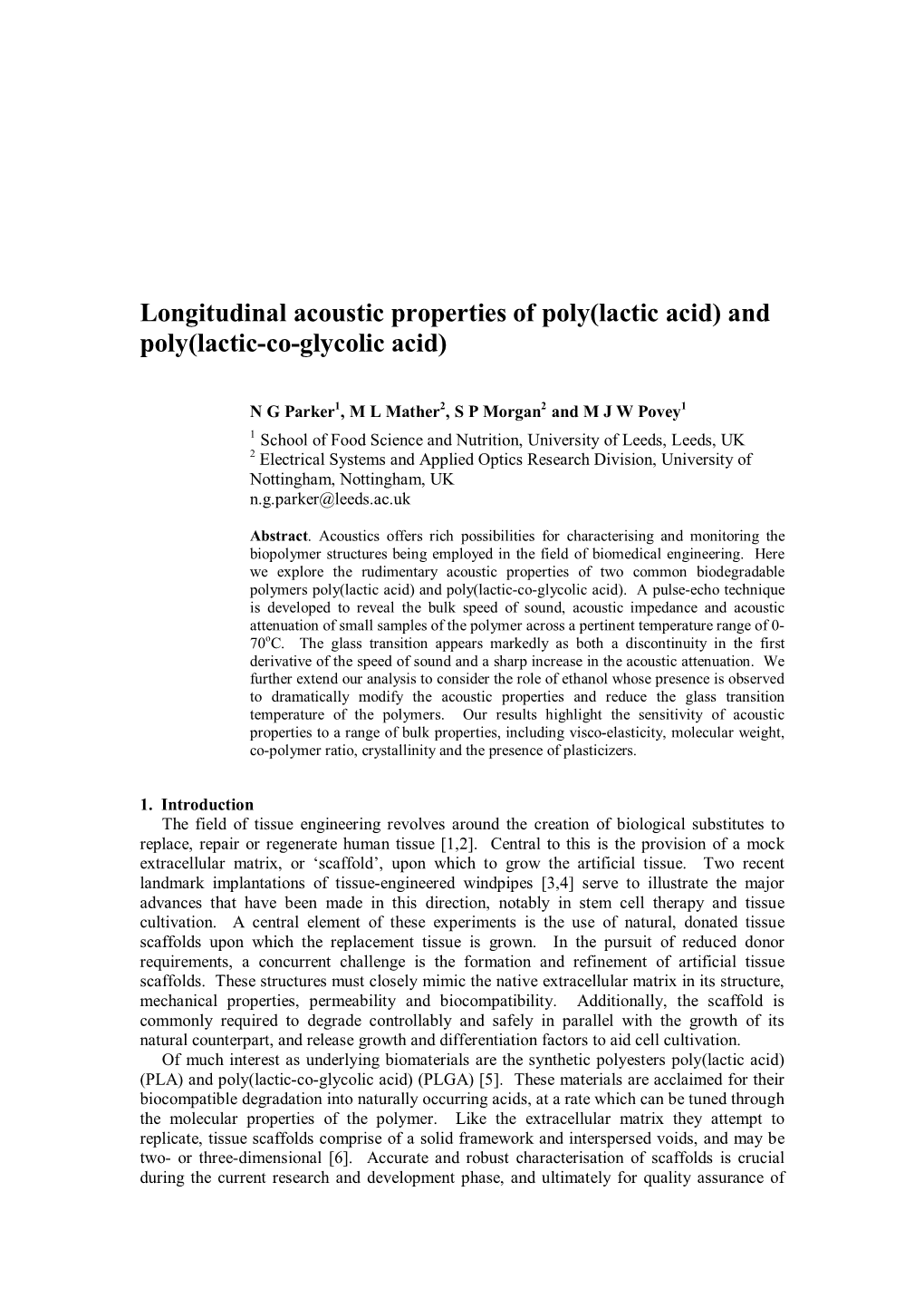 Longitudinal Acoustic Properties of Poly(Lactic Acid) and Poly(Lactic-Co-Glycolic Acid)