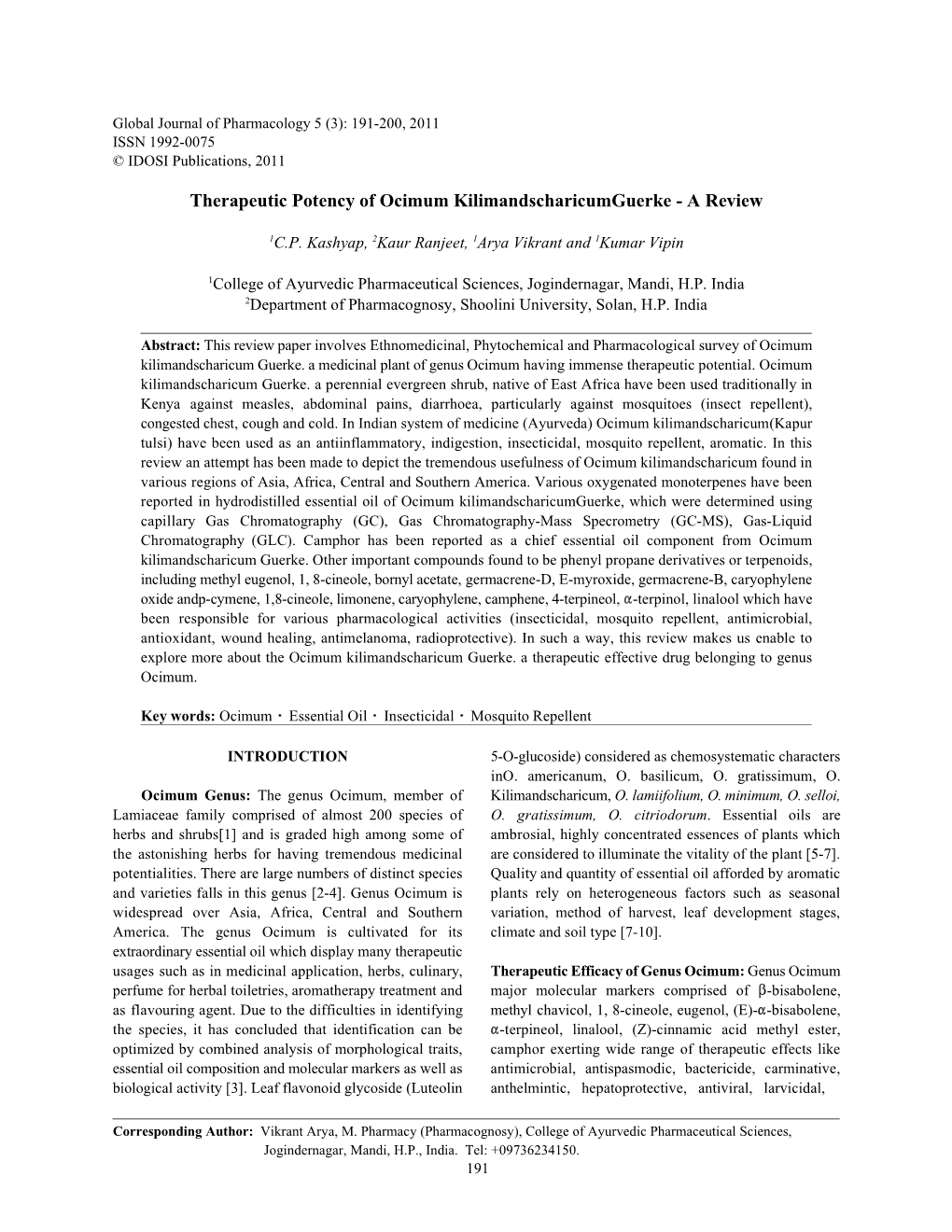 Therapeutic Potency of Ocimum Kilimandscharicumguerke - a Review