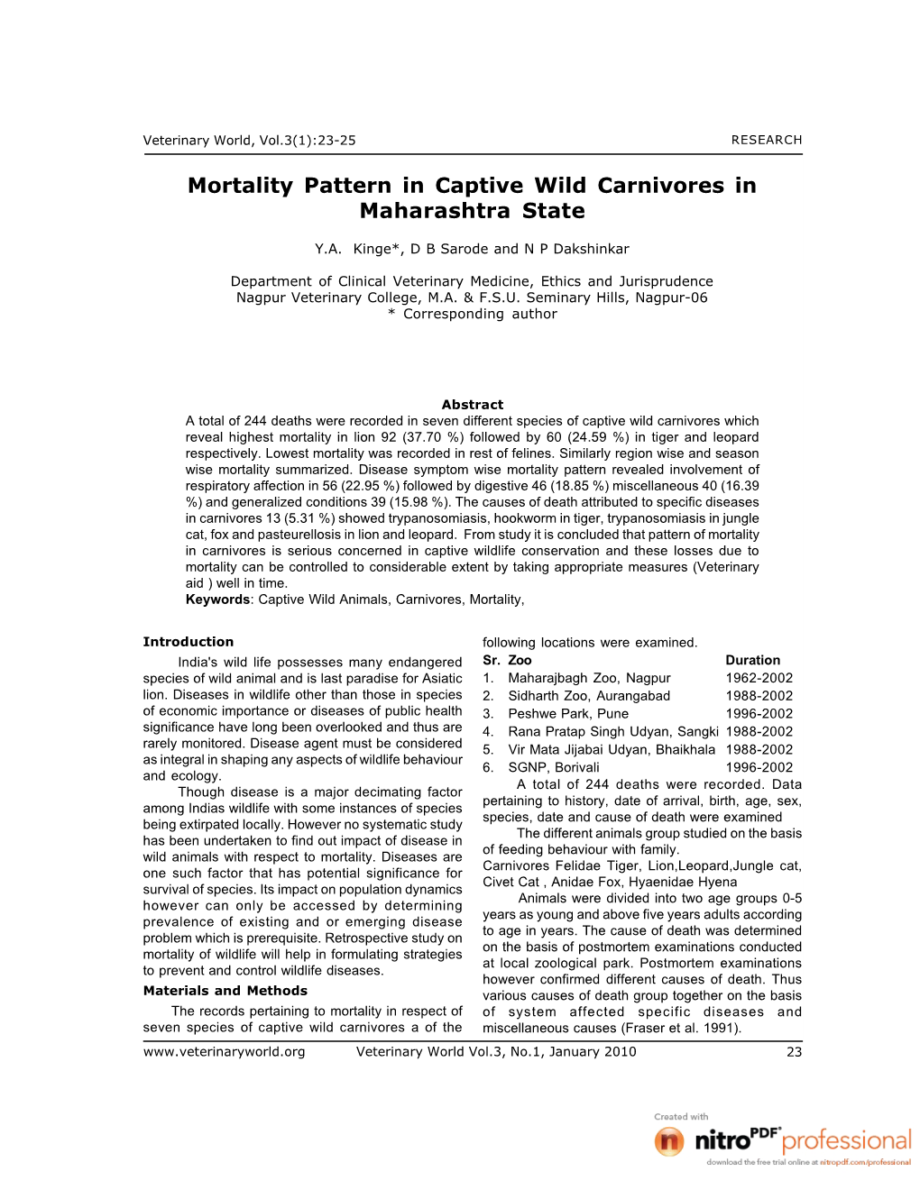 Mortality Pattern in Captive Wild Carnivores in Maharashtra State