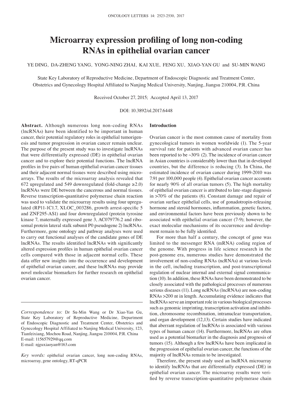 Microarray Expression Profiling of Long Non‑Coding Rnas in Epithelial Ovarian Cancer