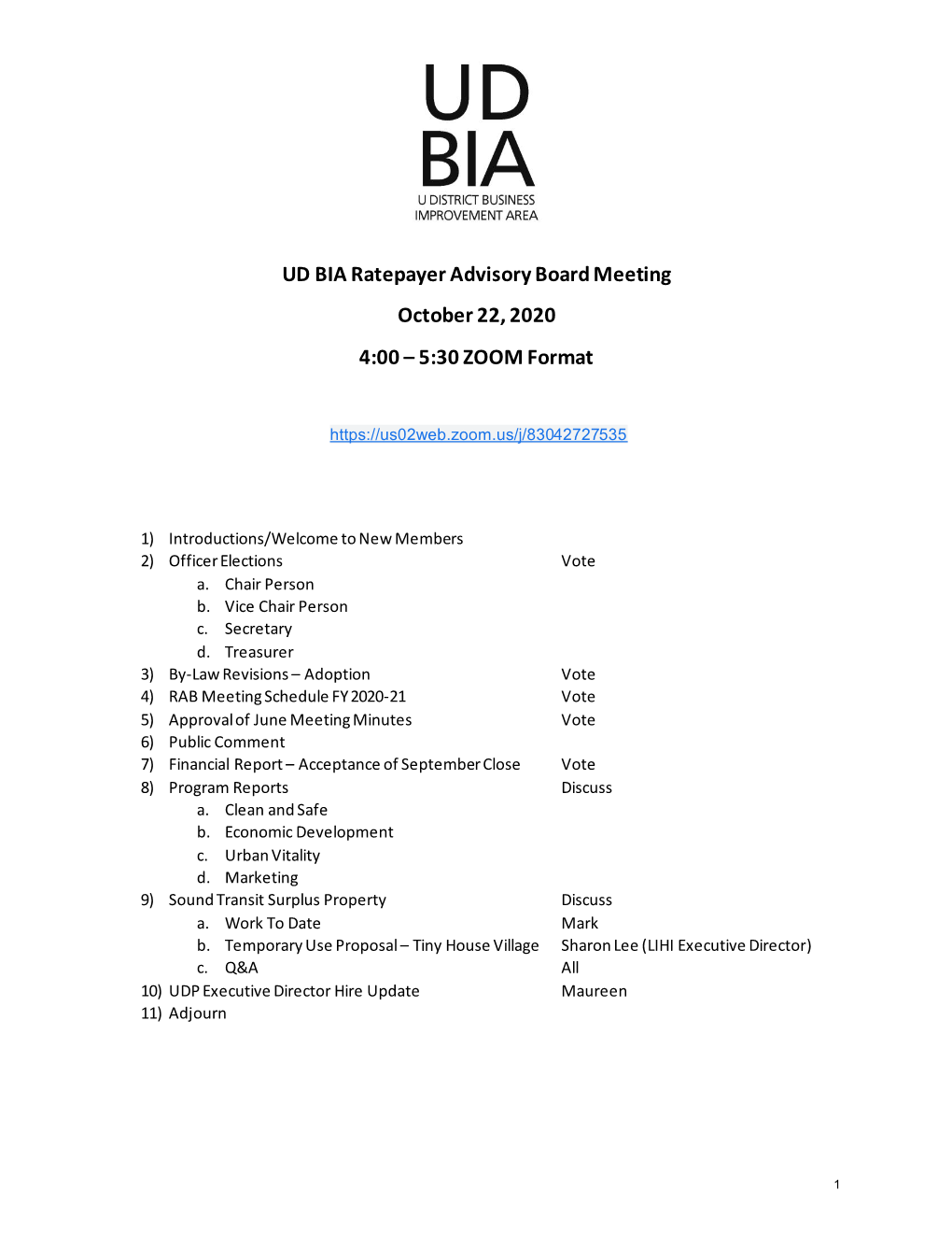 October 2020 UDBIA Board Agenda and Packet