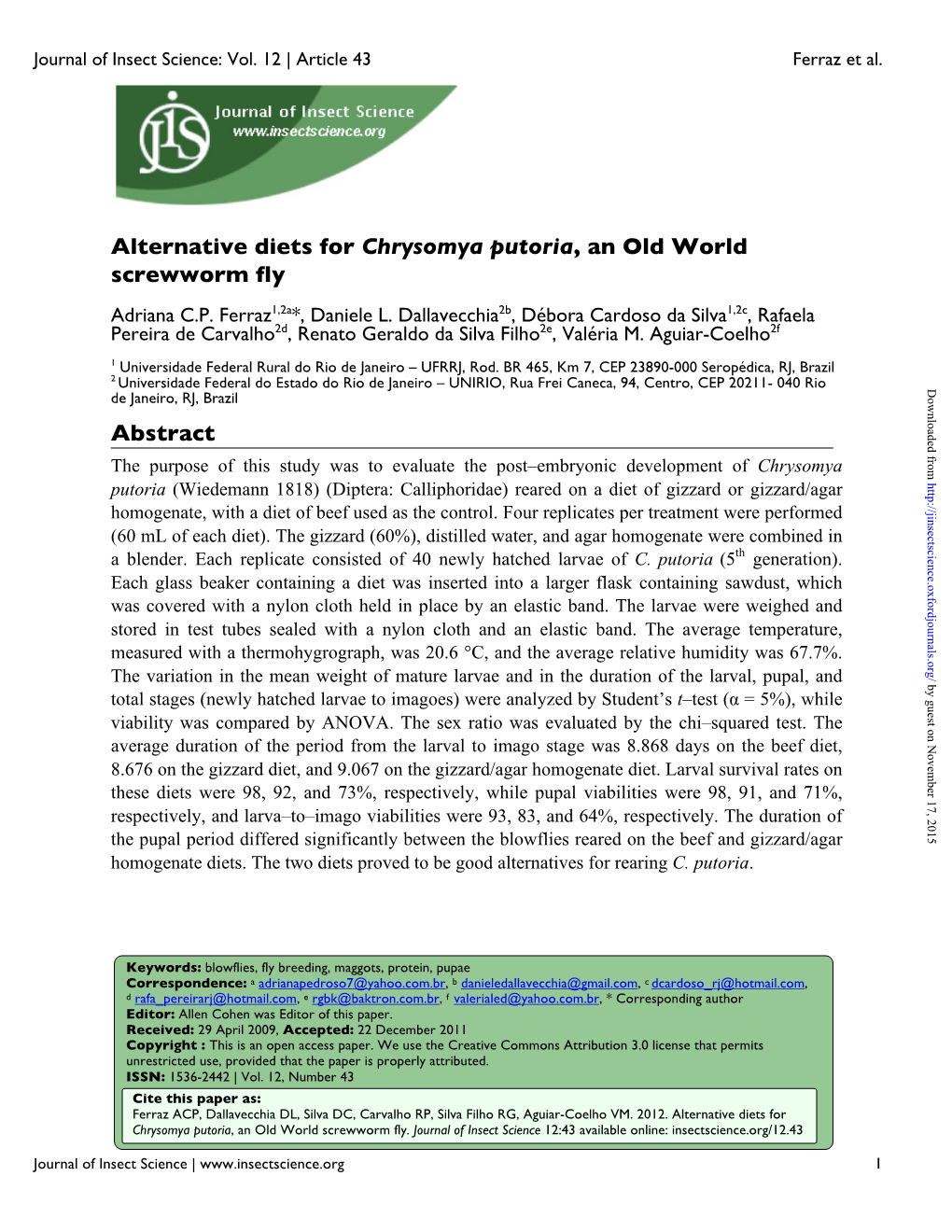 Alternative Diets for Chrysomya Putoria, an Old World Screwworm Fly