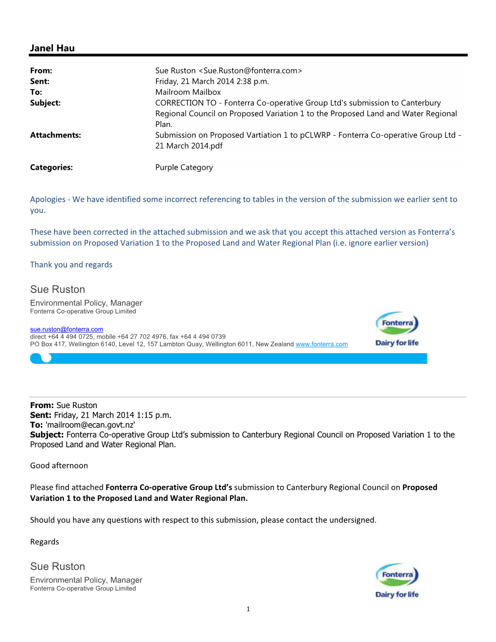 Fonterra Co-Operative Group Ltd's Submission to Canterbury Regional Council on Proposed Variation 1 to the Proposed Land and Water Regional Plan